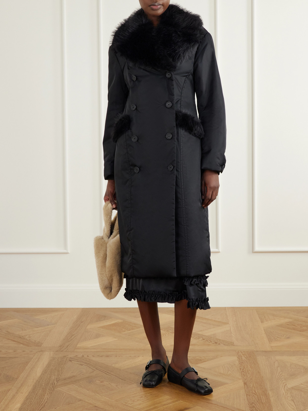 Double-Breasted Plush-Trimmed Coat