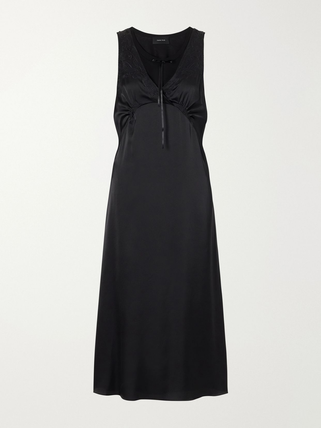 Bow-detailed embroidered satin midi dress