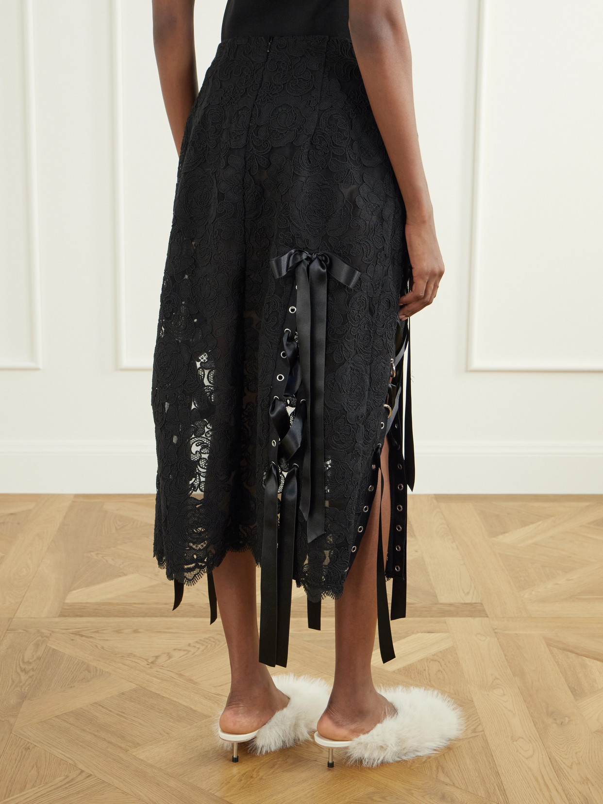 Unraveling Ribbon Ring Asymmetric Embellished Lace And Midi