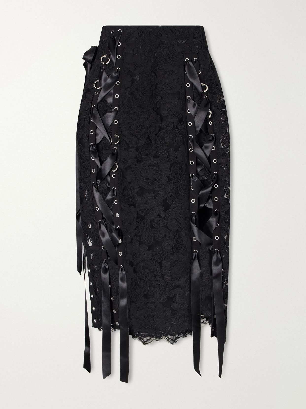unraveling ribbon ring asymmetric embellished lace and satin midi skirt