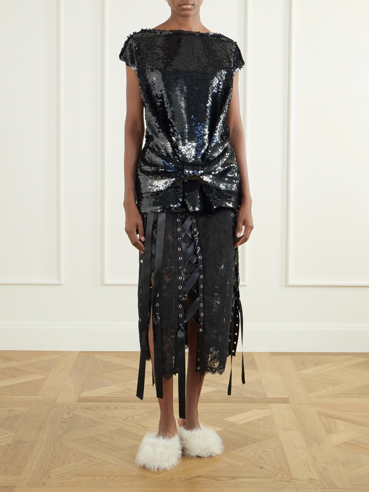 Unraveling Ribbon Ring Asymmetric Embellished Lace And Midi