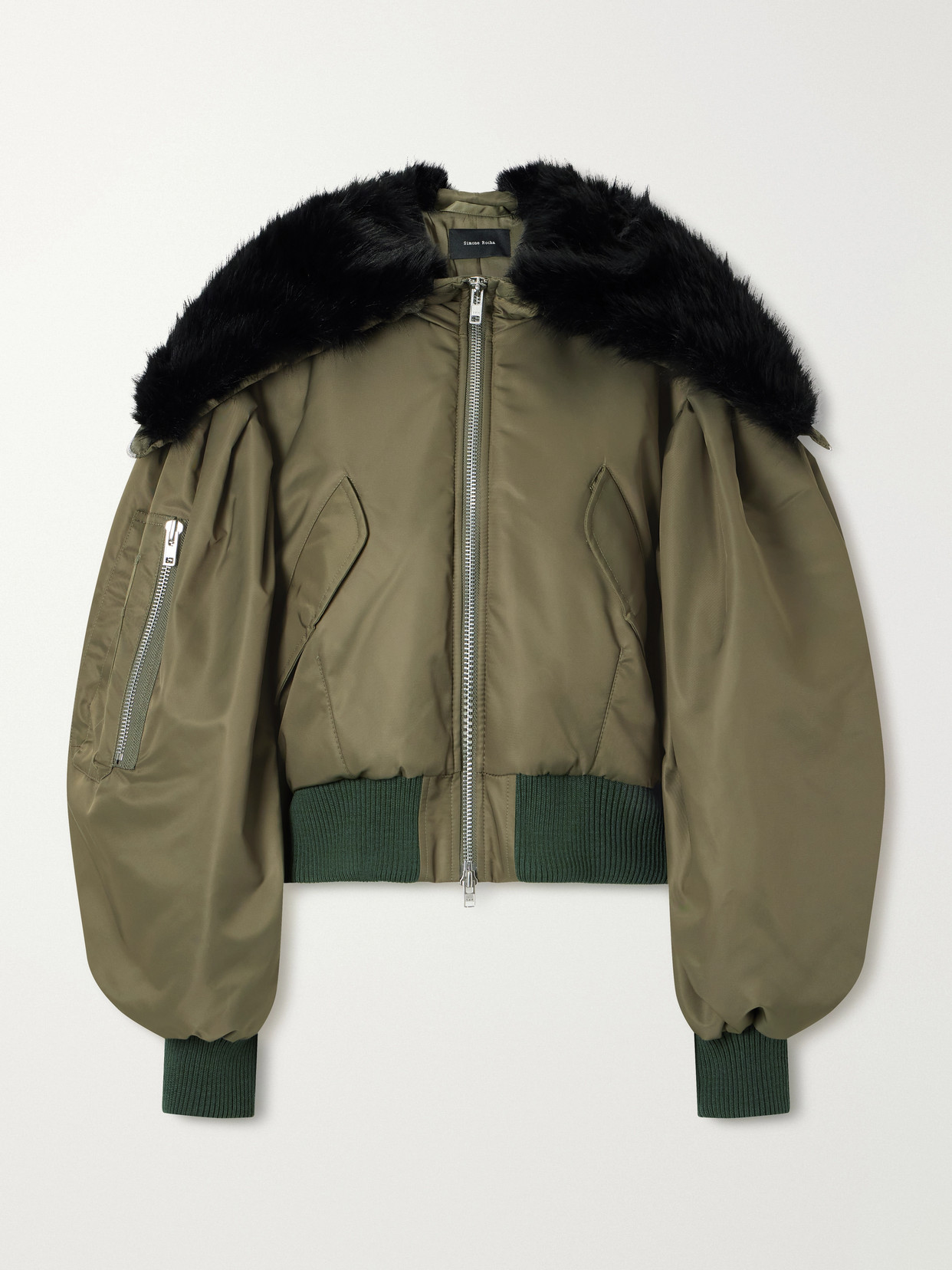 Simone Rocha Hooded Cropped Plush-trimmed Shell Bomber Jacket In Green