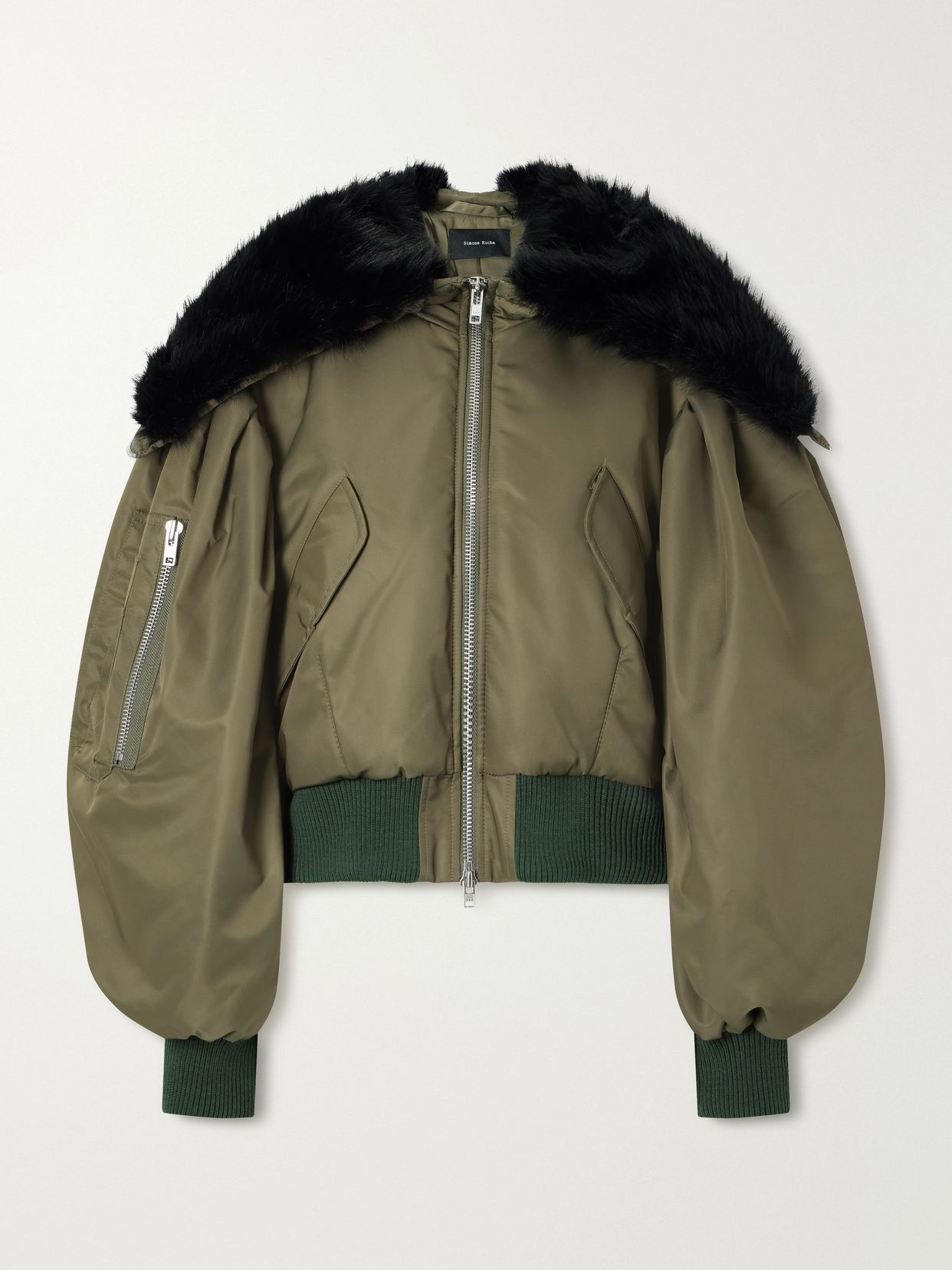 hooded cropped plush trimmed shell bomber jacket