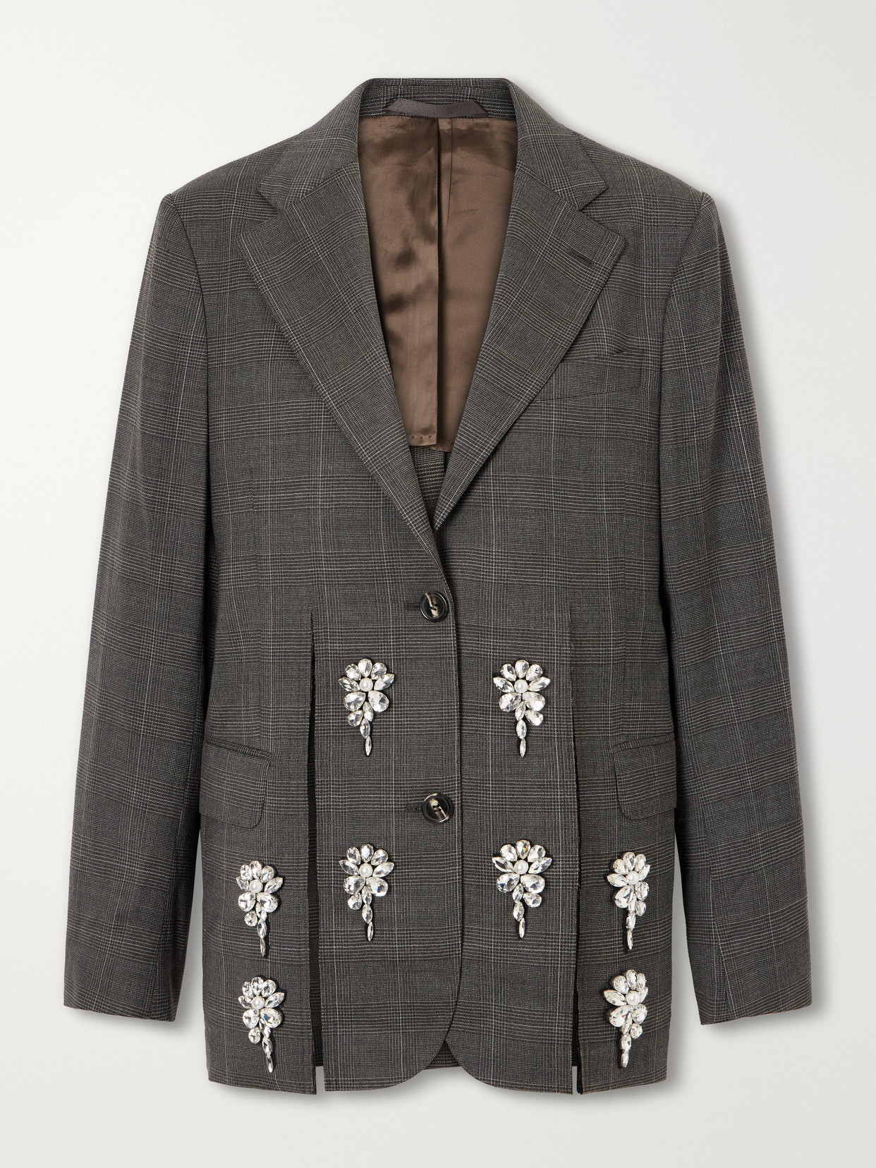 Simone Rocha Embellished Prince Of Wales Stretch-wool Blazer In Gray