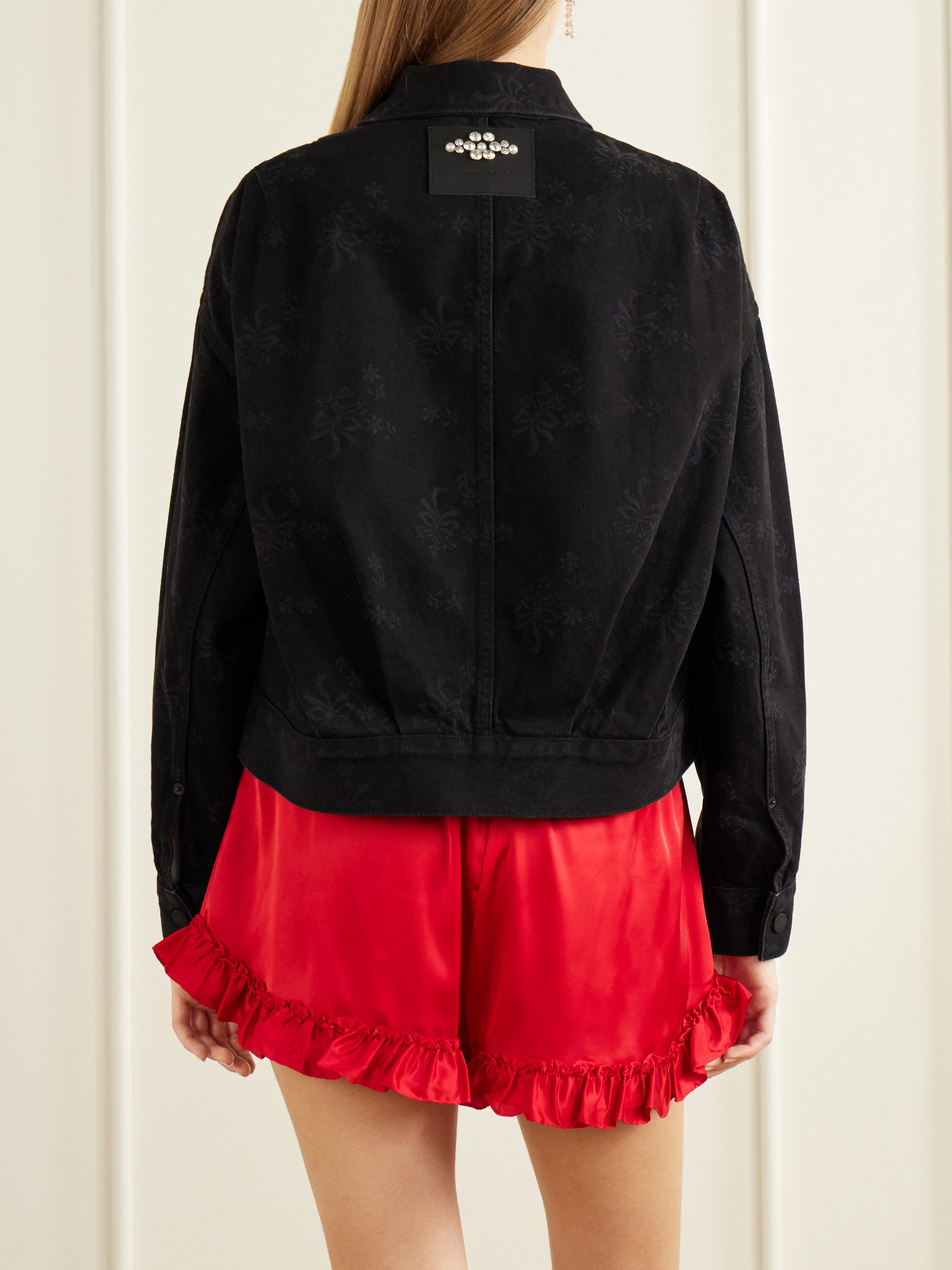 Crystal-Embellished Floral-Print Denim Jacket