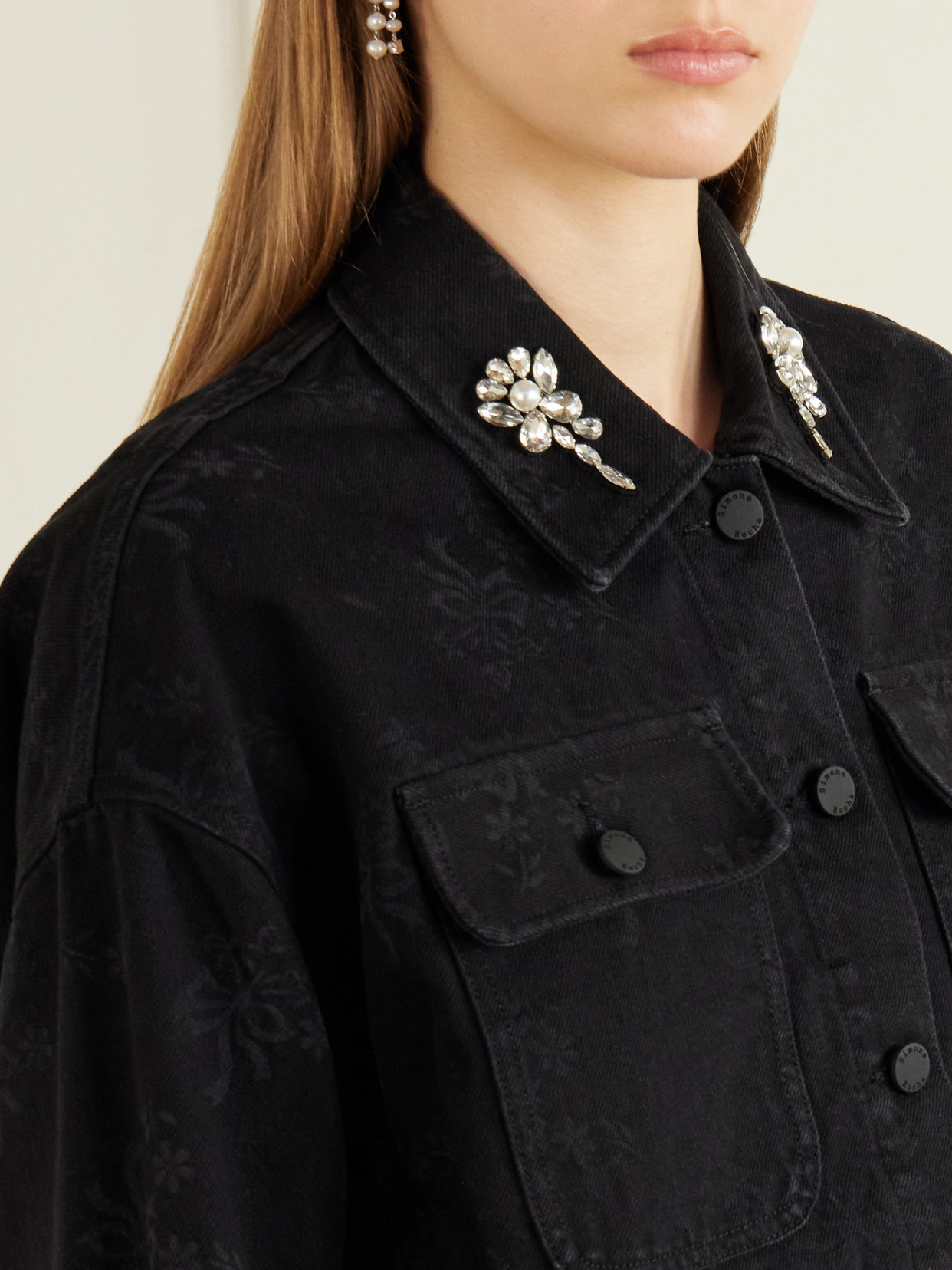 Crystal-Embellished Floral-Print Denim Jacket