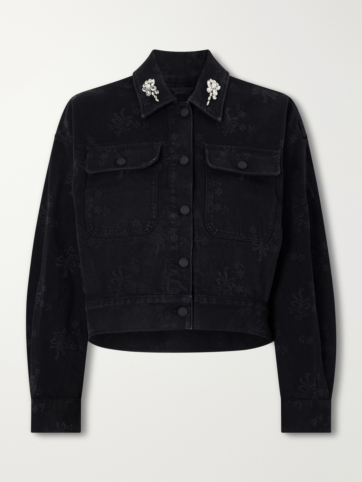 Crystal-Embellished Floral-Print Denim Jacket