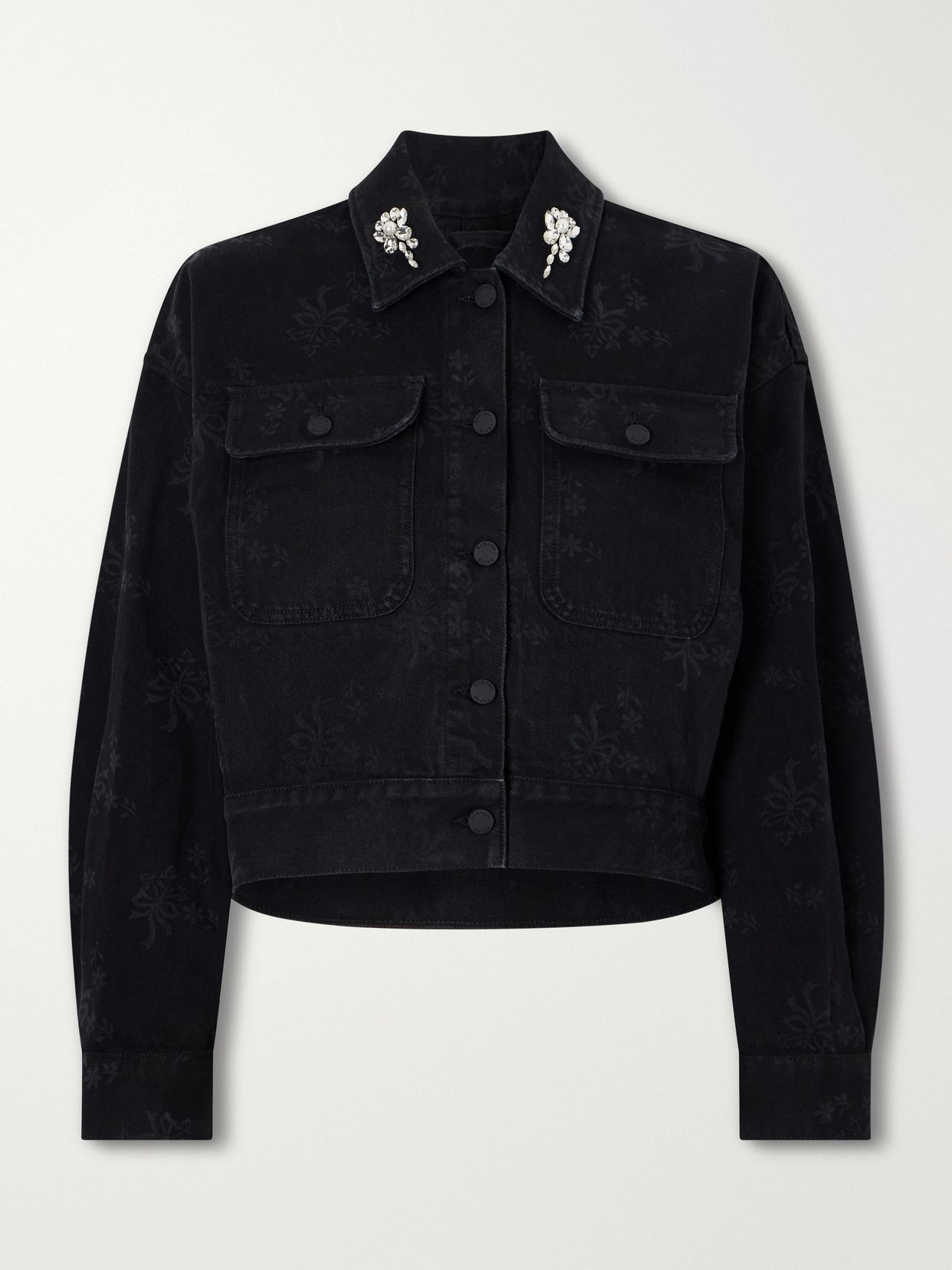 Crystal-embellished floral-print denim jacket