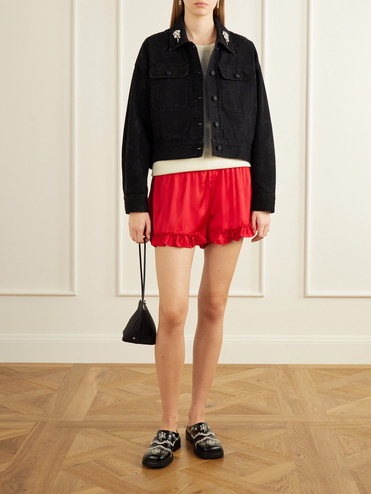 Crystal-Embellished Floral-Print Denim Jacket
