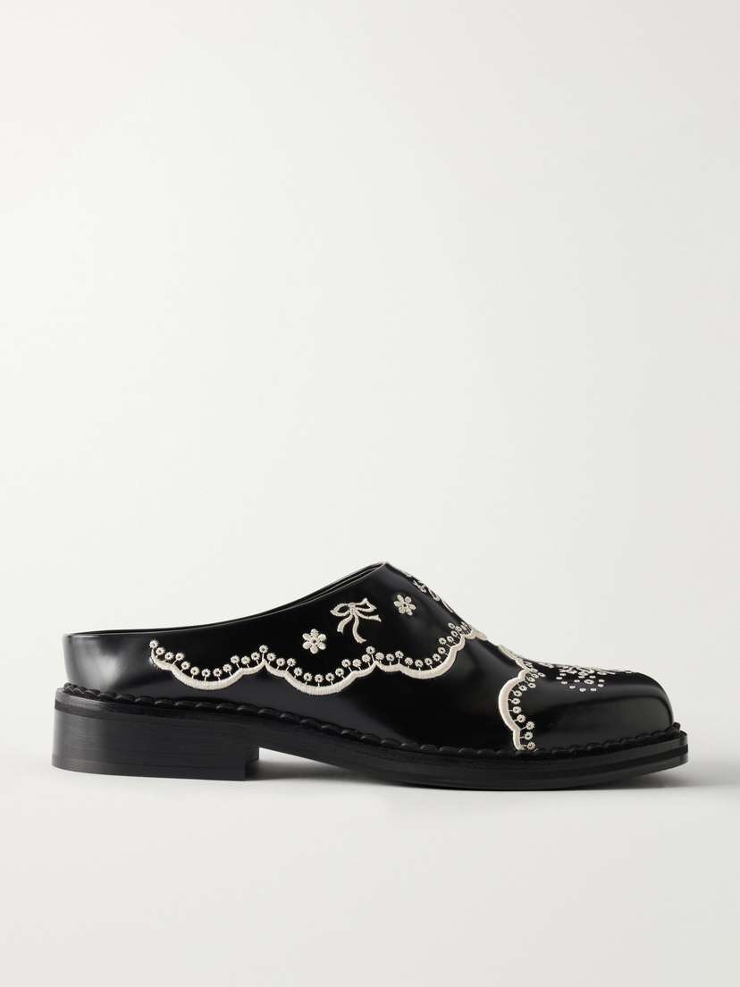Simone Rocha Floral Lace Embroidered Leather Slip-ons