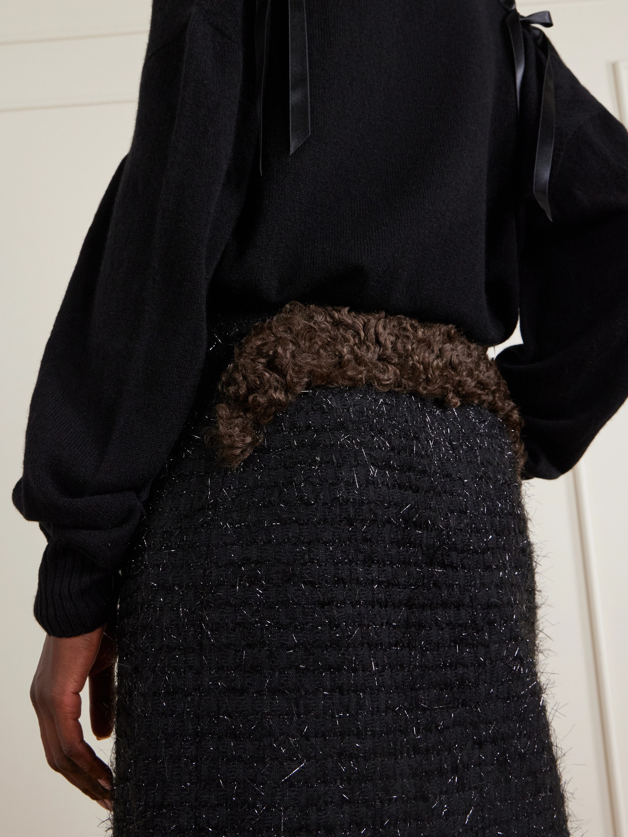Shearling-Trimmed Metallic-Tweed Midi