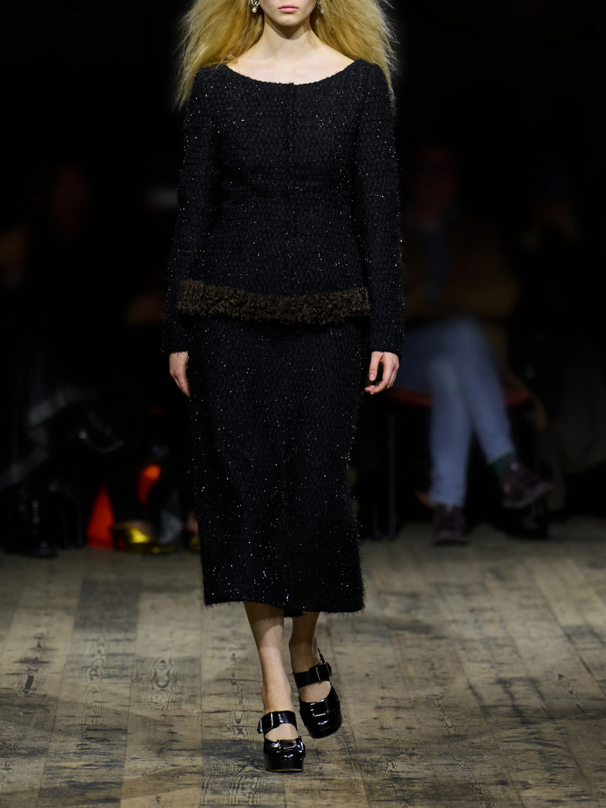 Shearling-Trimmed Metallic-Tweed Midi