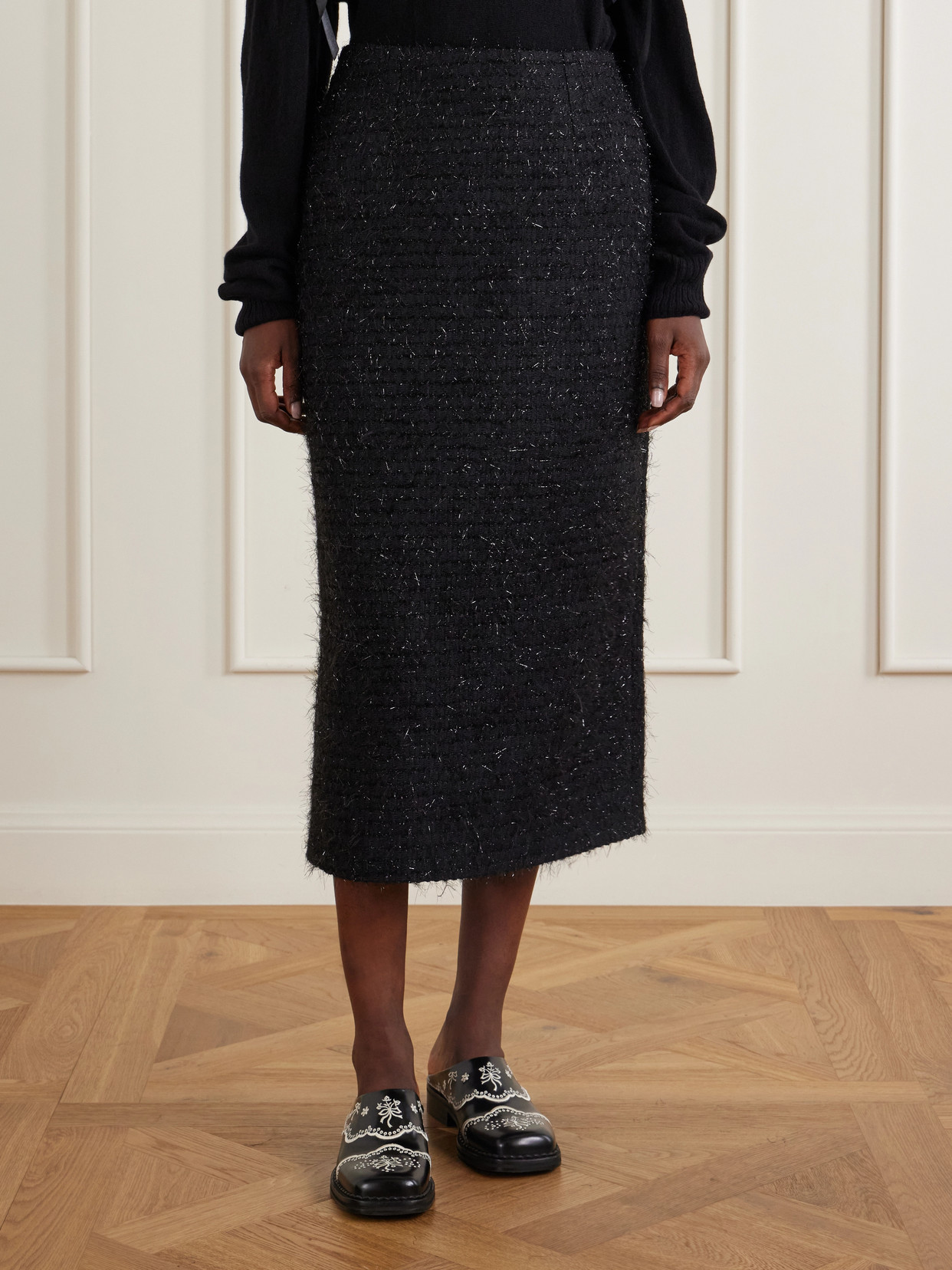 Shearling-Trimmed Metallic-Tweed Midi