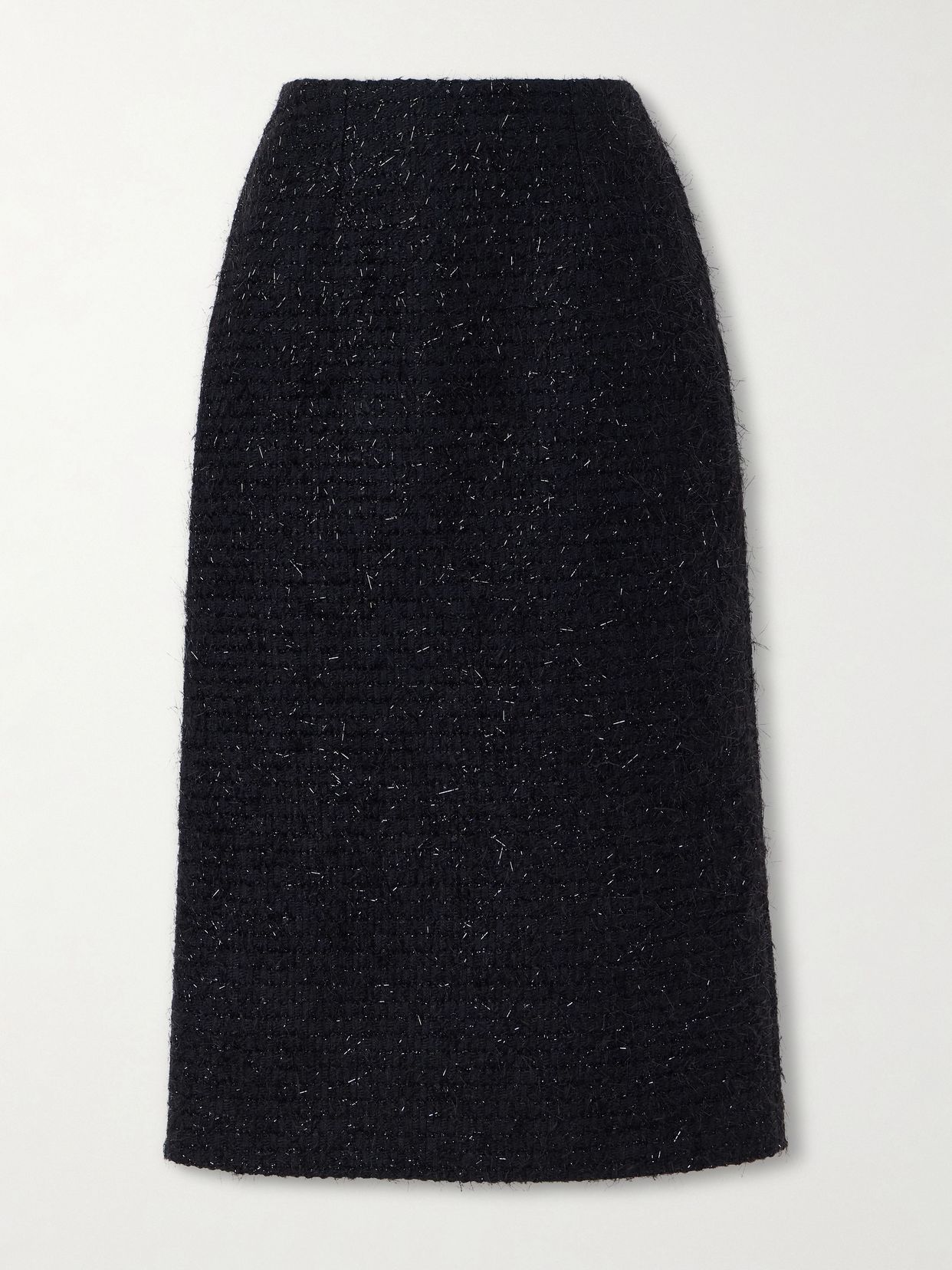 shearling trimmed metallic tweed midi skirt