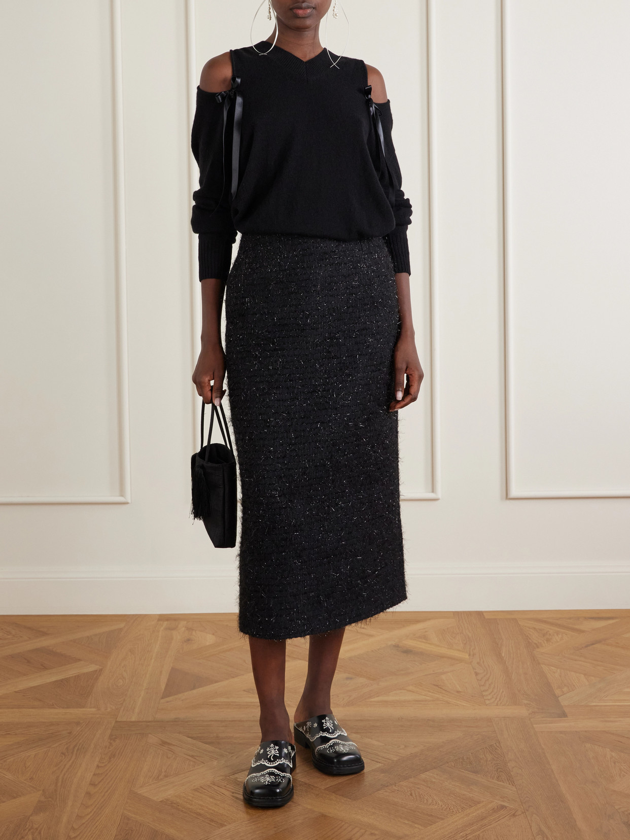 Shearling-Trimmed Metallic-Tweed Midi
