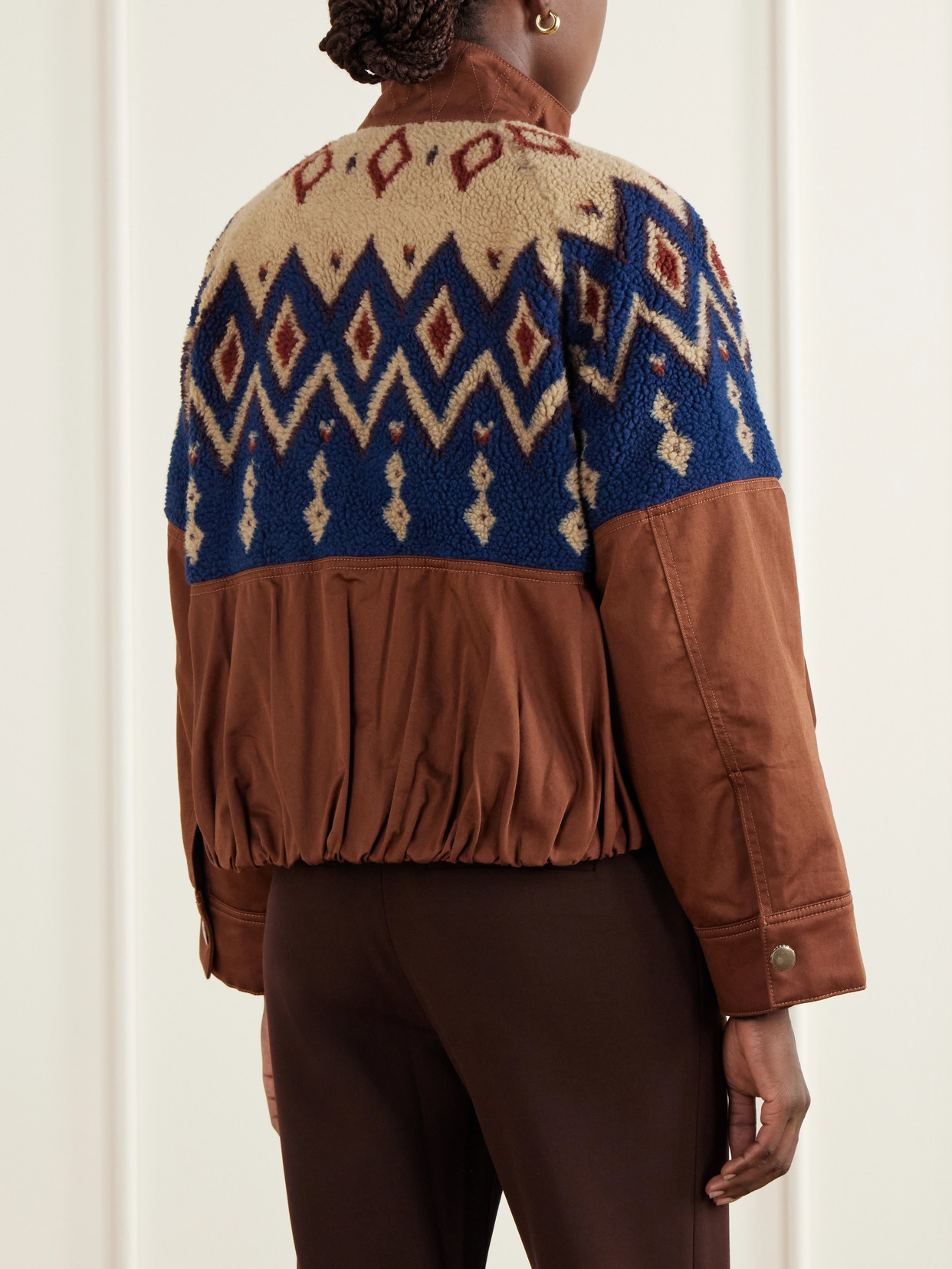 Knoll Gathered Fair Isle Fleece-Trimmed Cotton-Twill Jacket