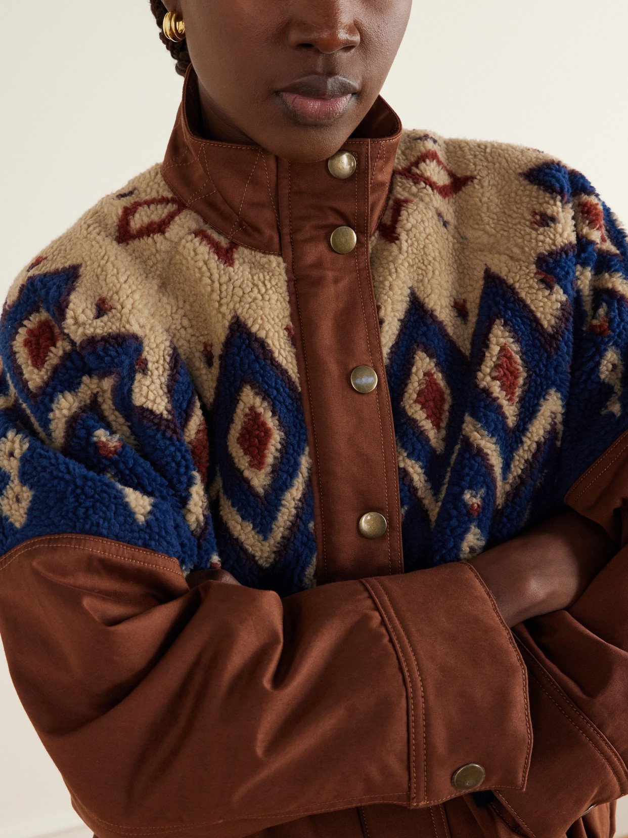 Knoll Gathered Fair Isle Fleece-Trimmed Cotton-Twill Jacket