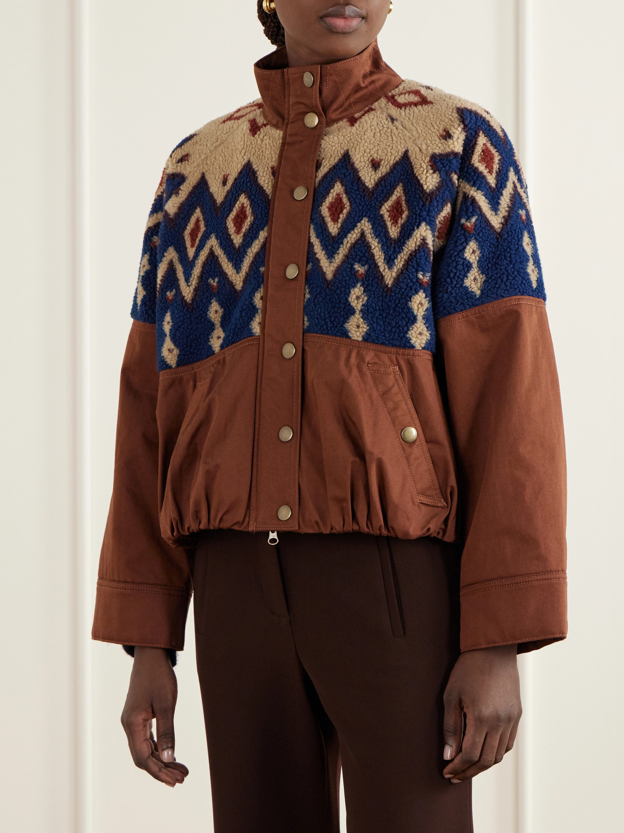Knoll Gathered Fair Isle Fleece-Trimmed Cotton-Twill Jacket
