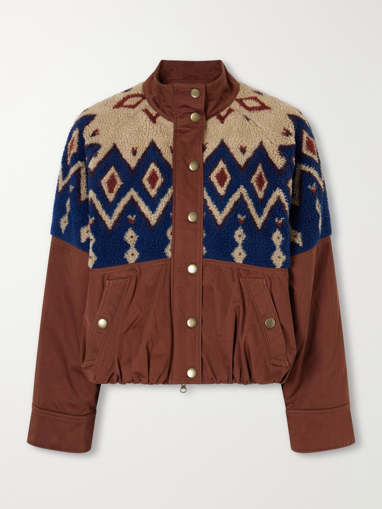 Knoll Gathered Fair Isle Fleece-Trimmed Cotton-Twill Jacket