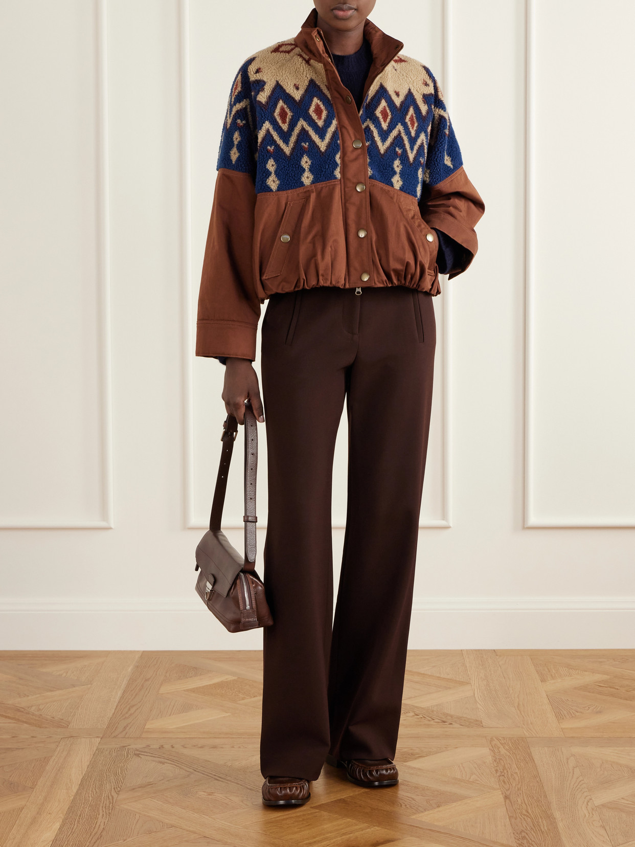 Knoll Gathered Fair Isle Fleece-Trimmed Cotton-Twill Jacket
