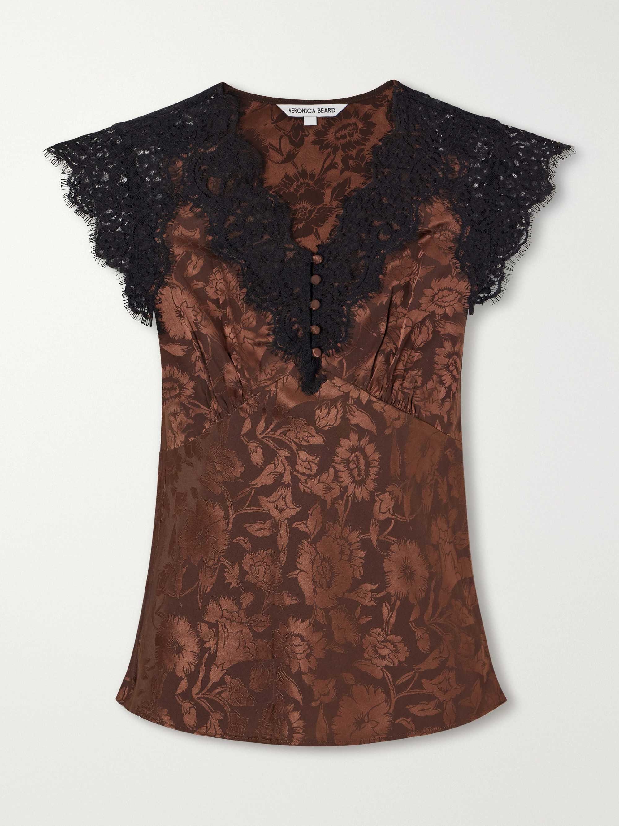 Veronica Beard Pascaline lace-trimmed floral-jacquard silk-blend satin blouse
