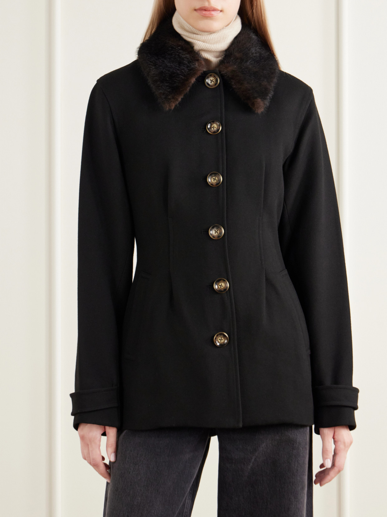 Severine Dickey Plush-Trimmed Crepe Jacket