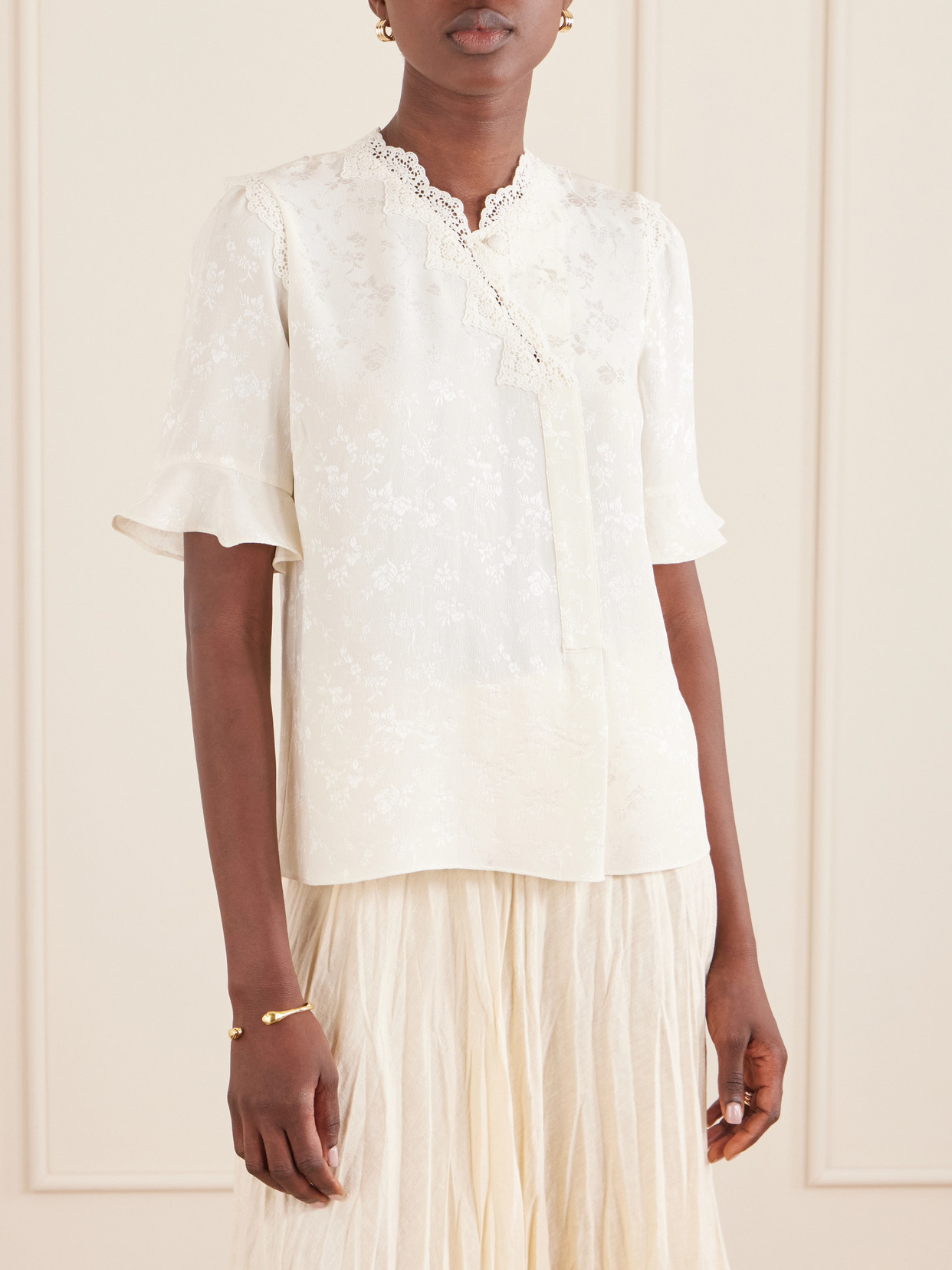 Margarita Mesh And Crochet-Trimmed Floral-Jacquard Silk-Crepe Blouse