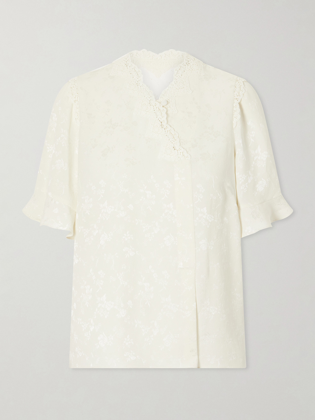 Maison Mayle Margarita Mesh And Crochet-trimmed Floral-jacquard Silk-crepe Blouse In Neutral