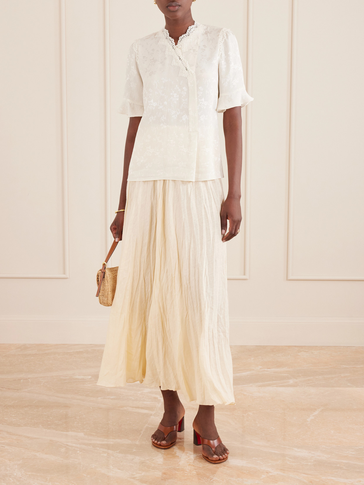 Margarita Mesh And Crochet-Trimmed Floral-Jacquard Silk-Crepe Blouse