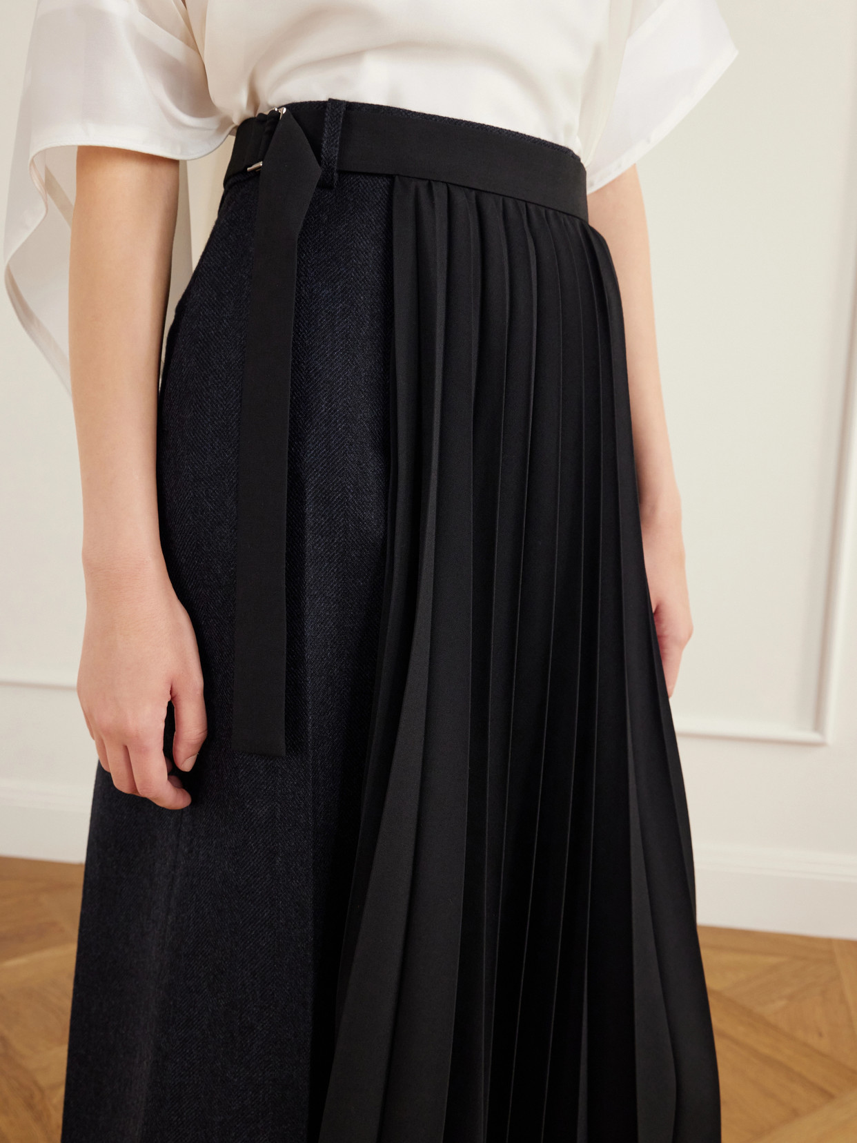 Pleated Herringbone Wool-Blend Midi