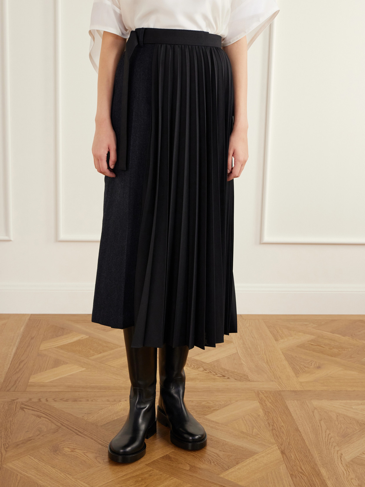 Pleated Herringbone Wool-Blend Midi