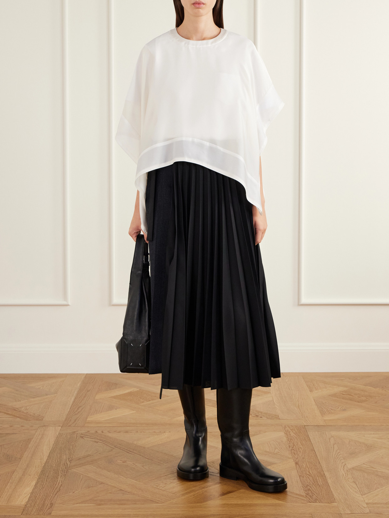 Pleated Herringbone Wool-Blend Midi