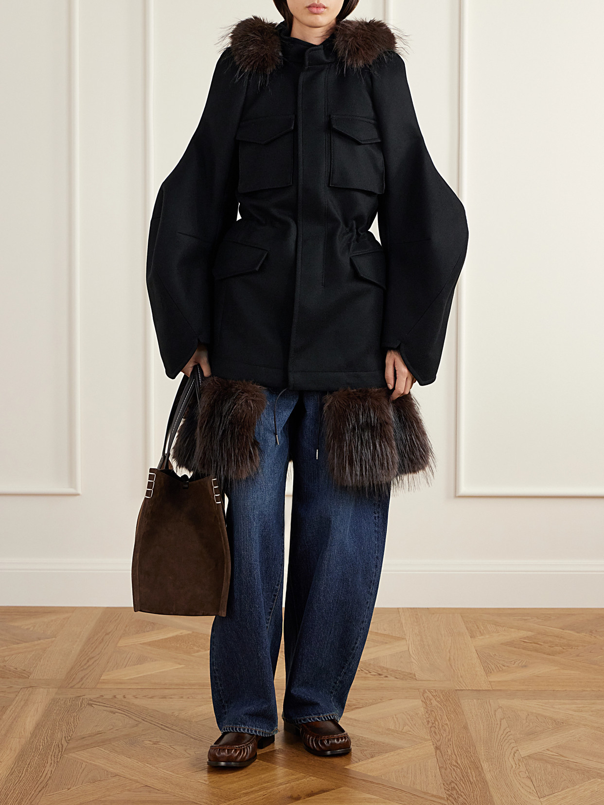 Padded Plush-Trimmed Coat