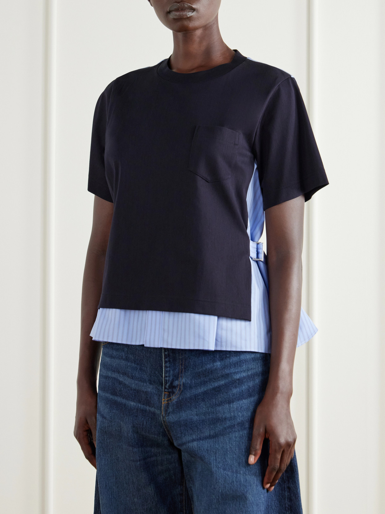 Striped Poplin-Trimmed Cotton-Jersey T-Shirt