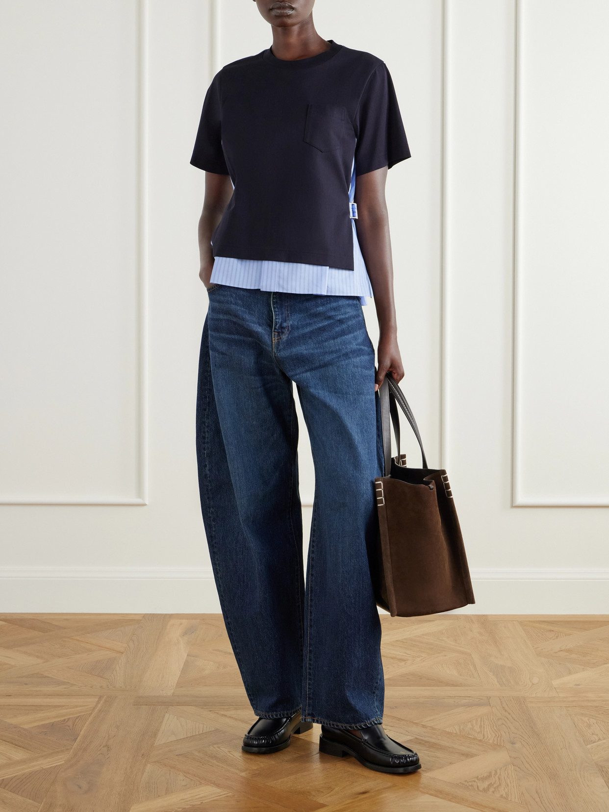 Striped Poplin-Trimmed Cotton-Jersey T-Shirt