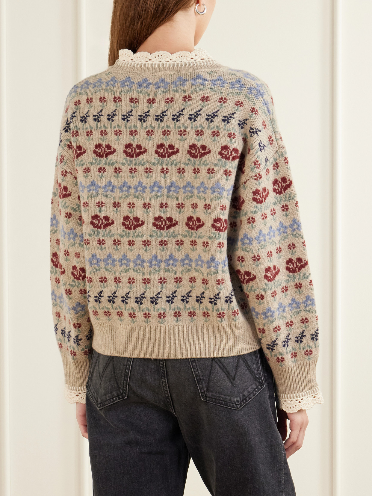 Preston Crochet-Knit Trimmed Floral-Intarsia Wool-Blend Sweater