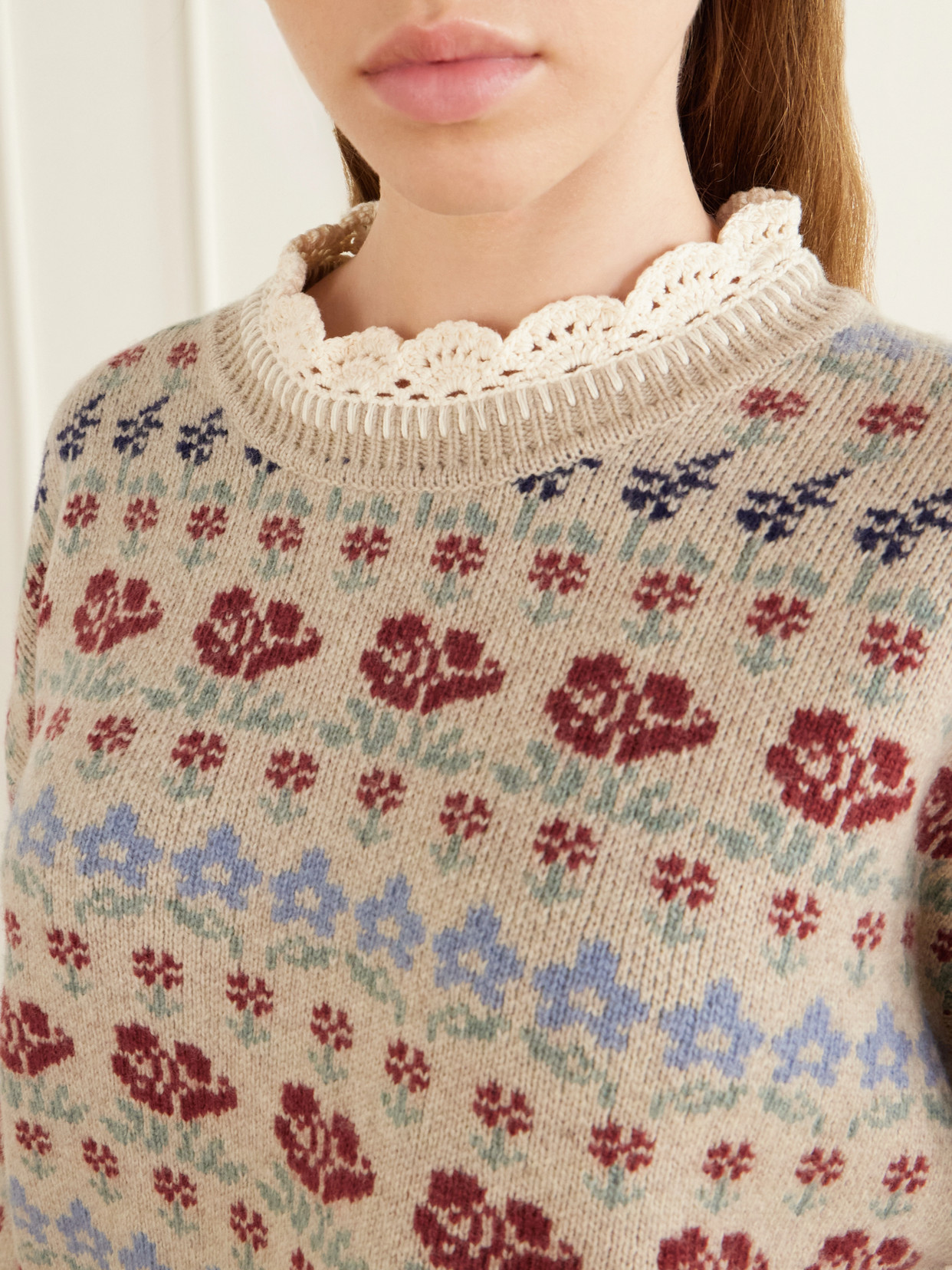 Preston Crochet-Knit Trimmed Floral-Intarsia Wool-Blend Sweater