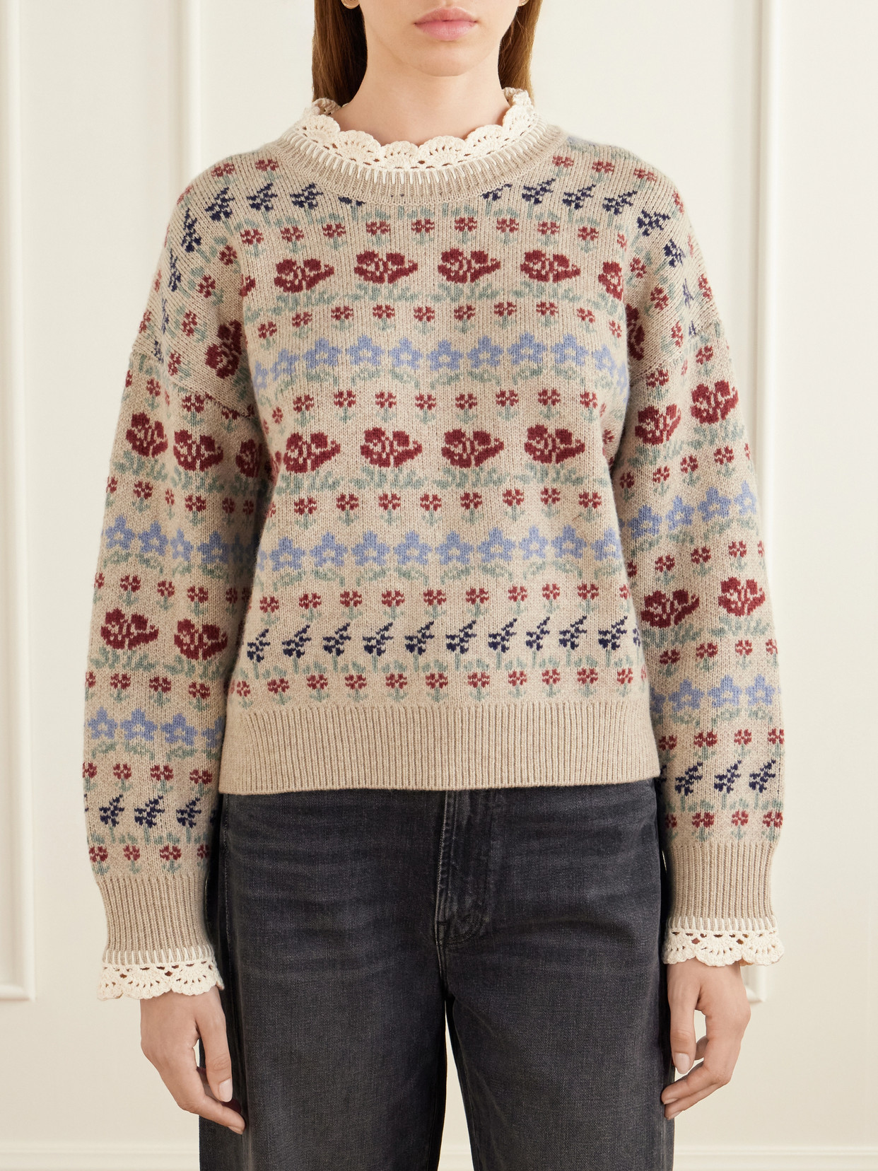 Preston Crochet-Knit Trimmed Floral-Intarsia Wool-Blend Sweater