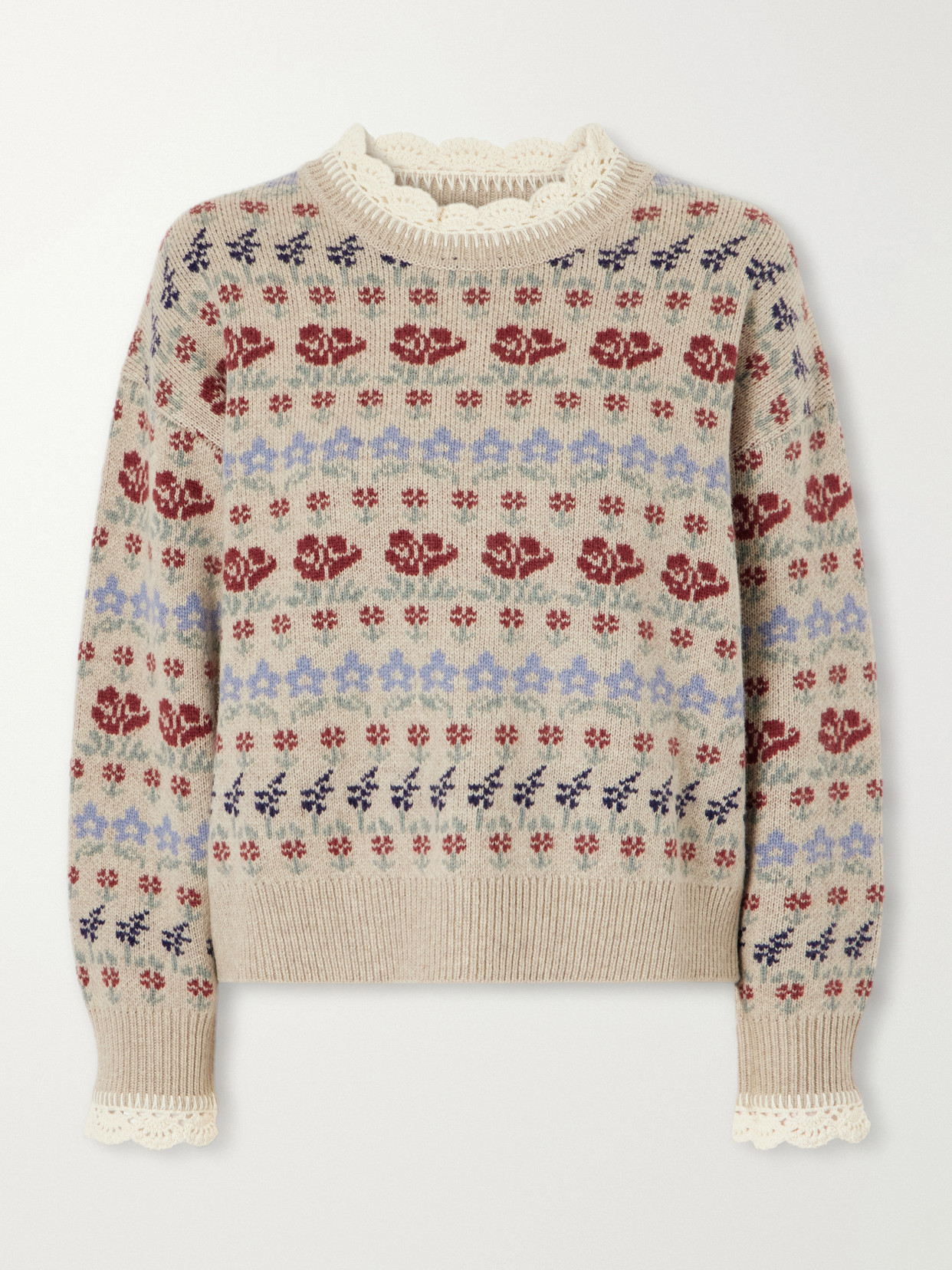 Sea Preston Crochet-trimmed Floral-intarsia Wool-blend Sweater In Multi