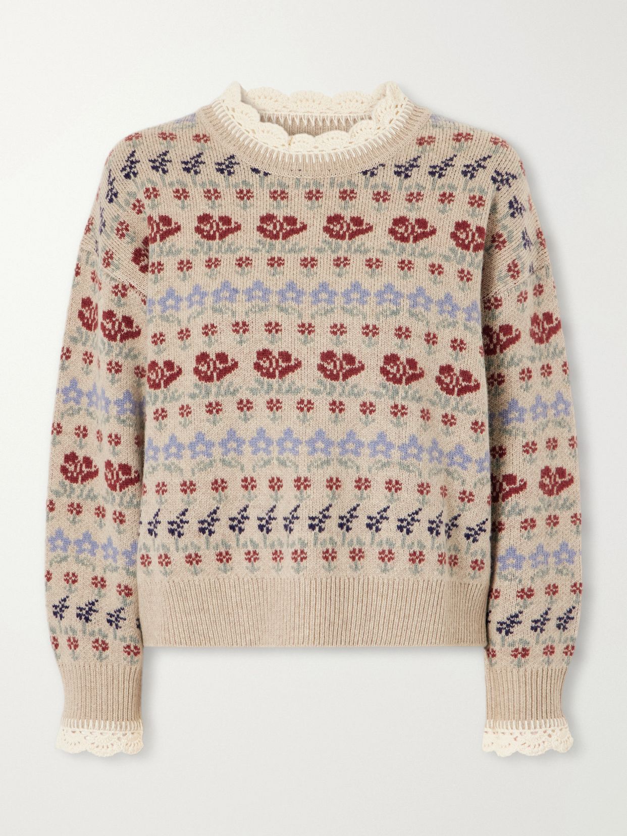 preston crochet trimmed floral intarsia wool blend sweater