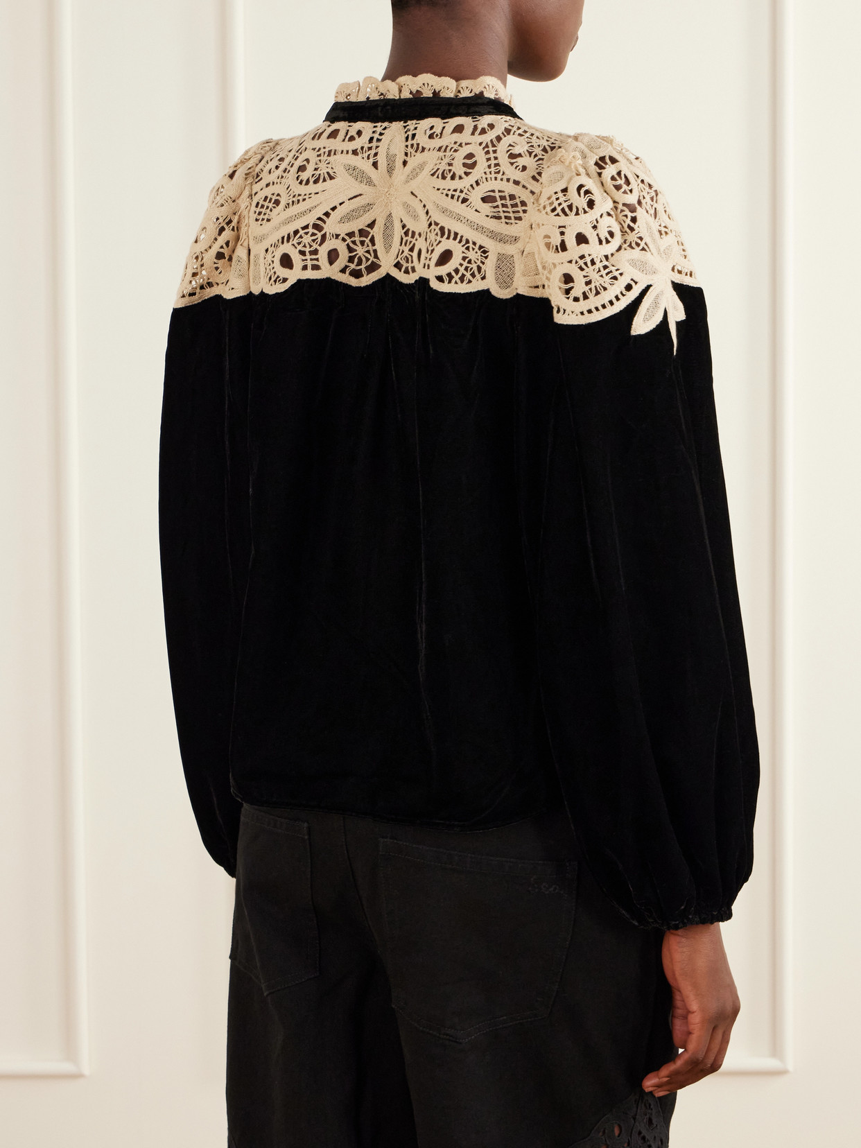 Shiloh Bow-Detailed Embroidered Velvet Blouse