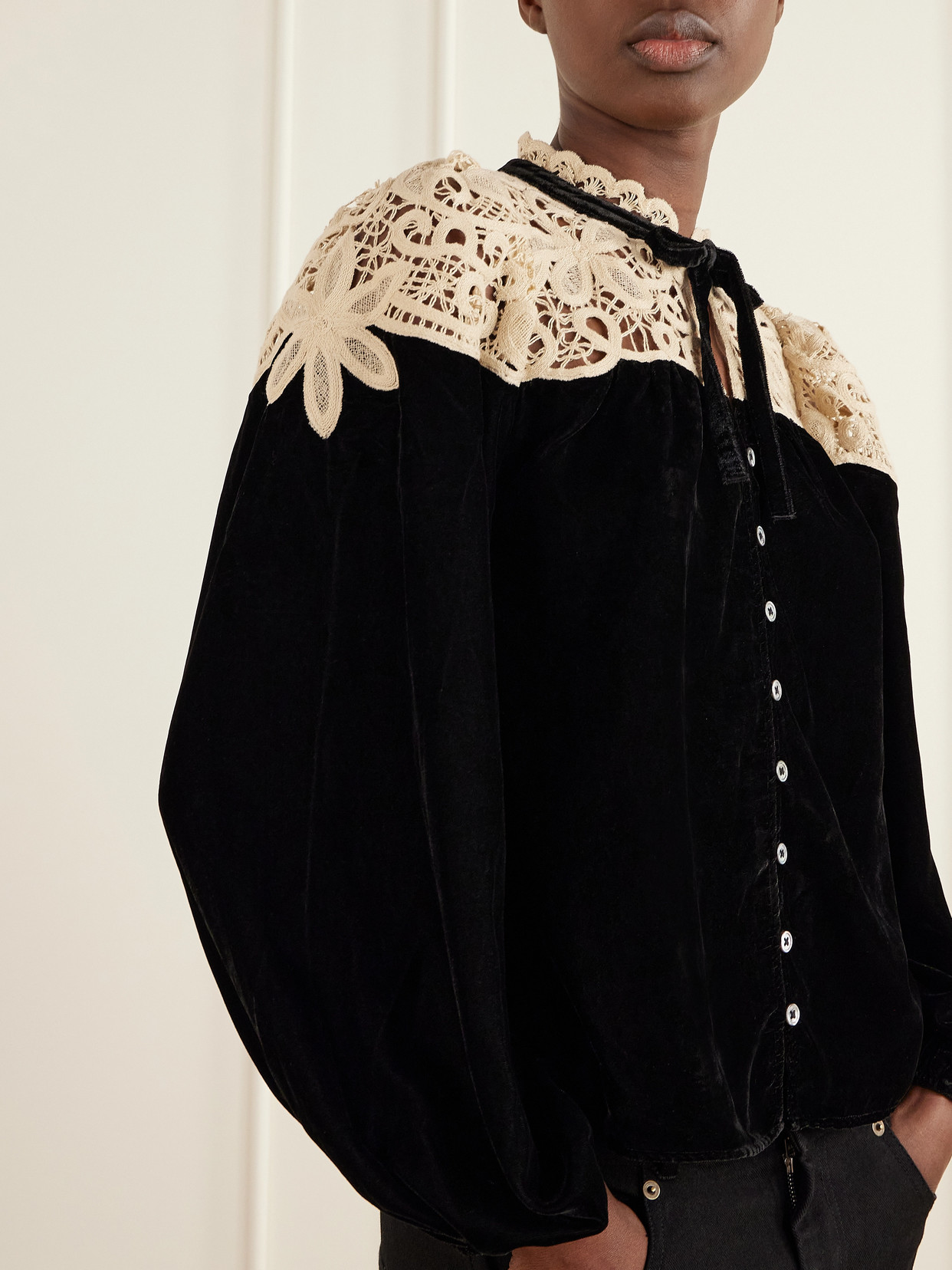 Shiloh Bow-Detailed Embroidered Velvet Blouse