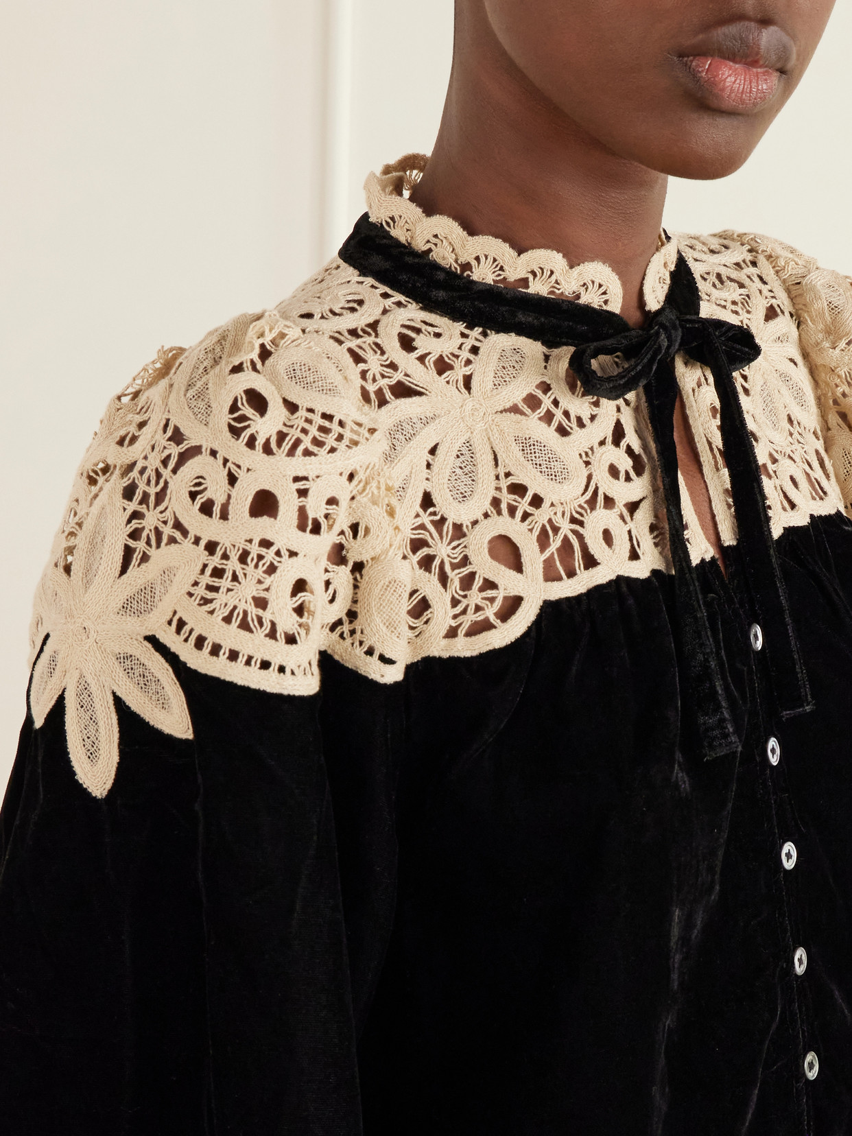 Shiloh Bow-Detailed Embroidered Velvet Blouse
