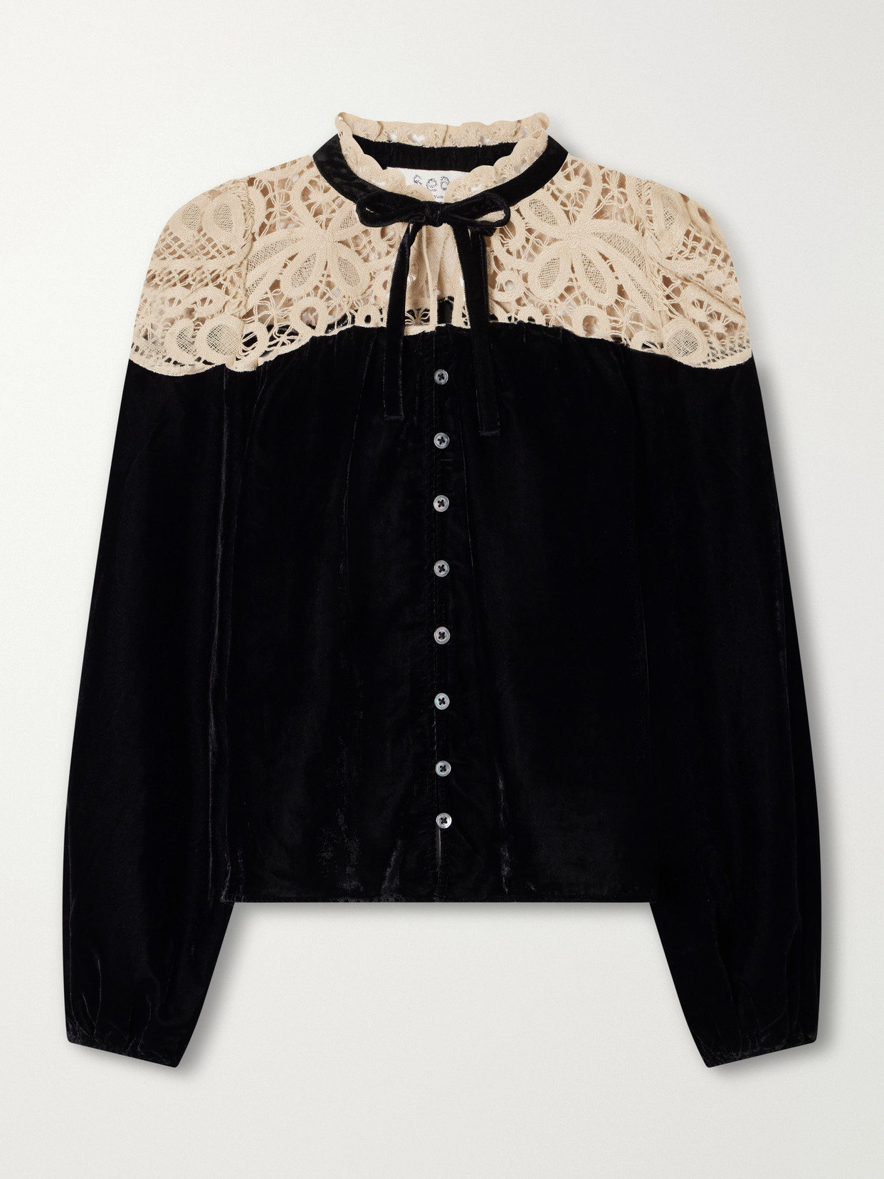 Shiloh Bow-Detailed Embroidered Velvet Blouse