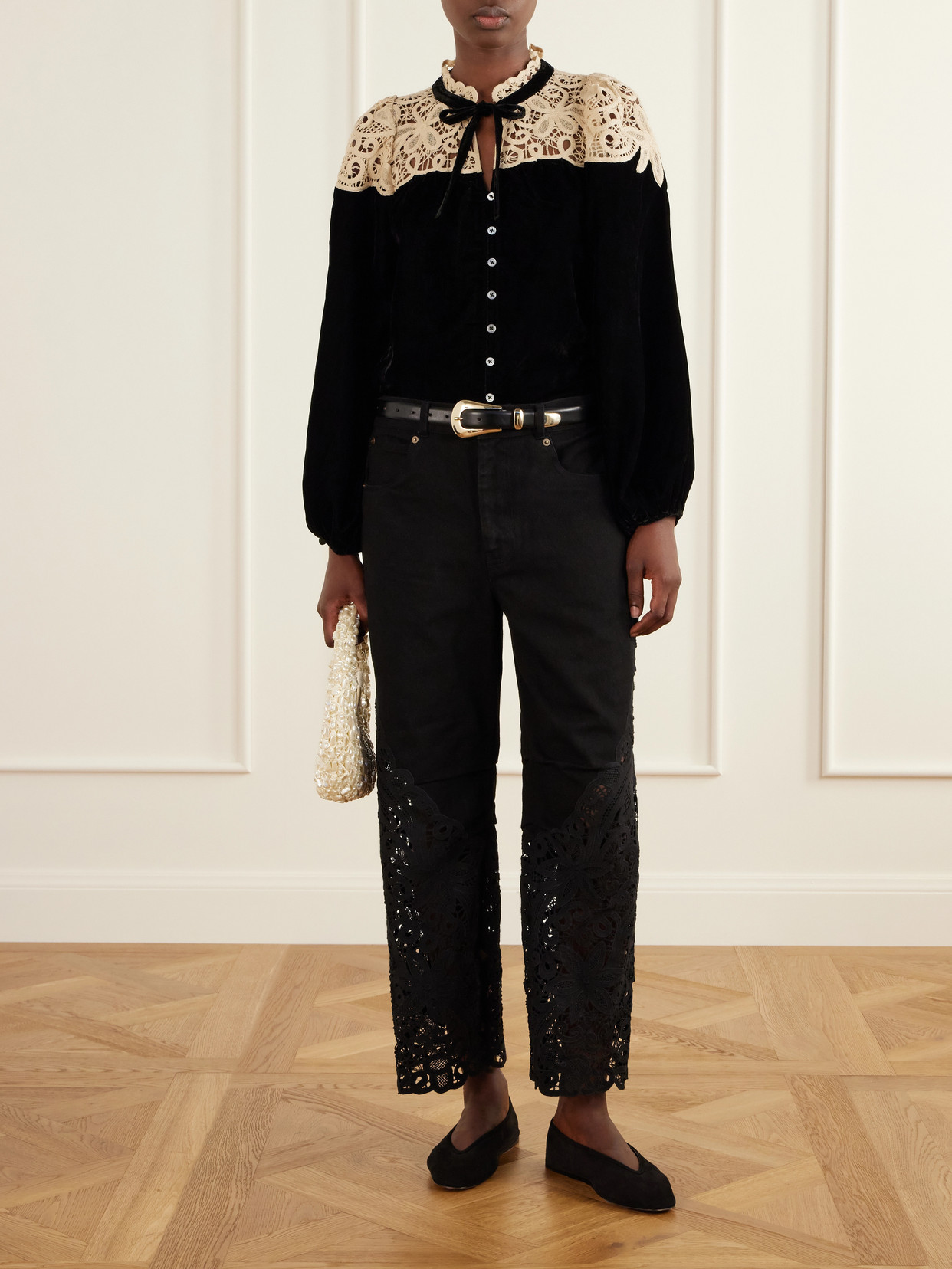 Shiloh Bow-Detailed Embroidered Velvet Blouse