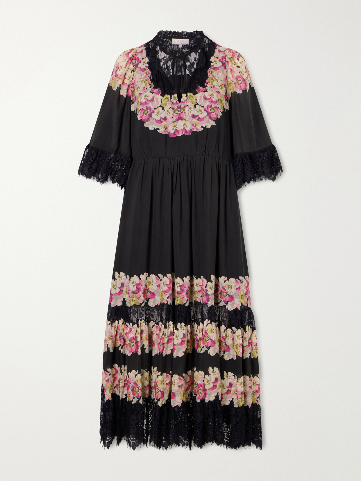 Sea Persephone Floral-print Cotton-blend Midi Dress In Black