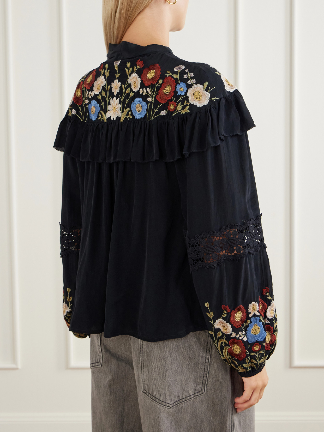Ruwa Ruffled Embroidered Lace-Trimmed Crepe Blouse