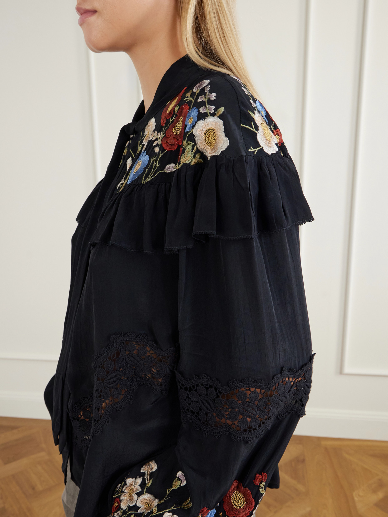 Ruwa Ruffled Embroidered Lace-Trimmed Crepe Blouse