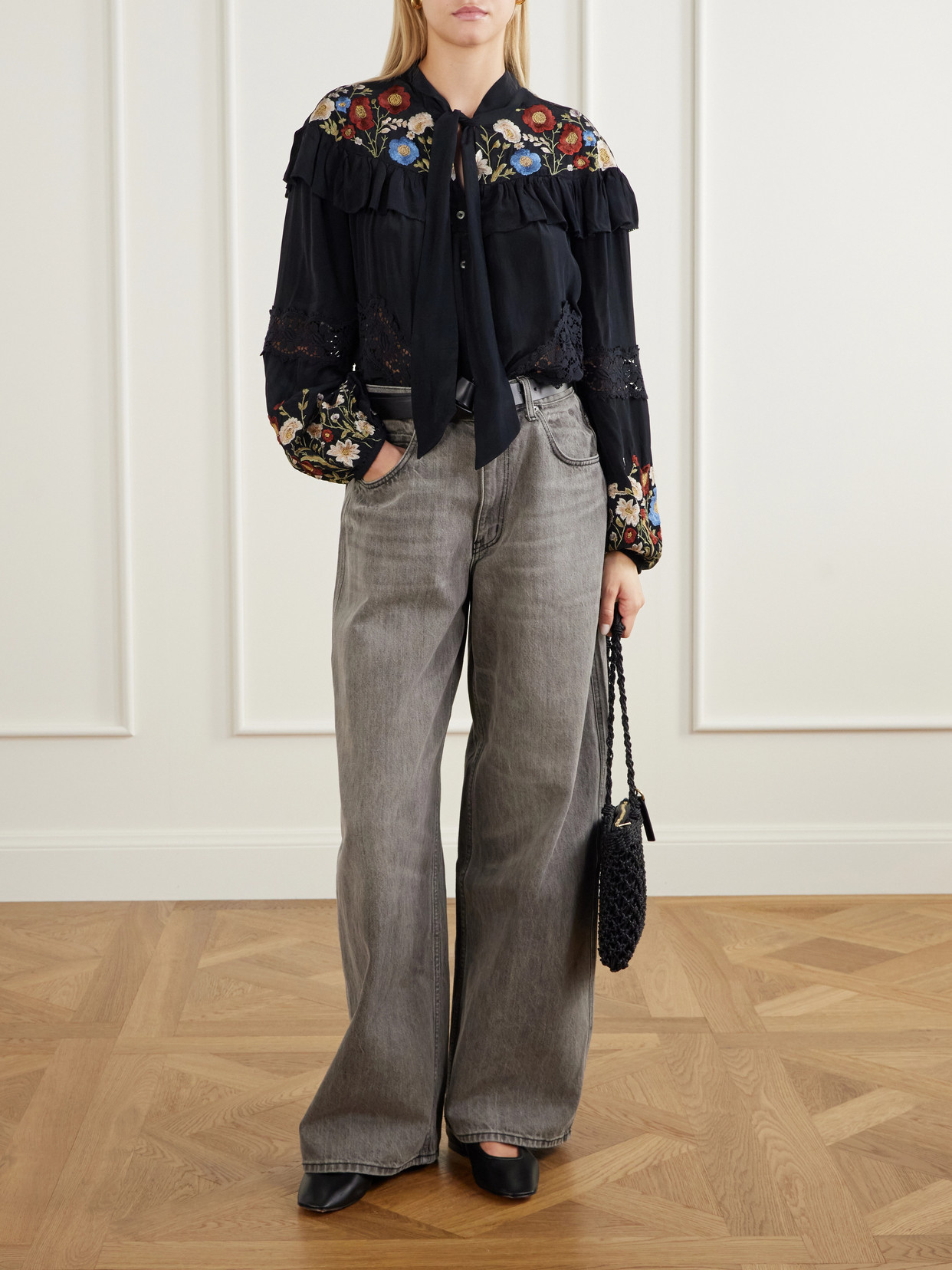 Ruwa Ruffled Embroidered Lace-Trimmed Crepe Blouse