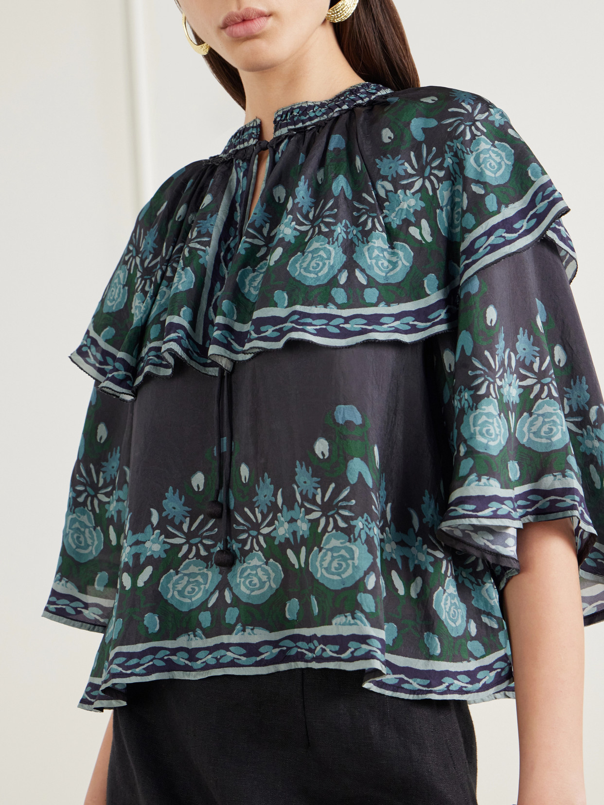 Tulla Cape-Detailed Printed Habotai Blouse